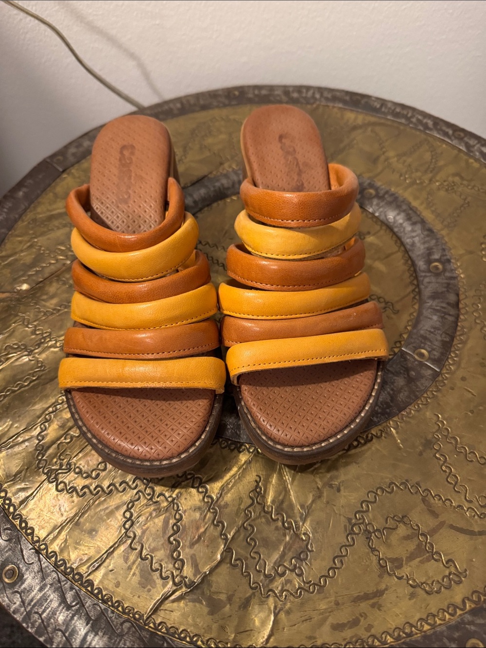 Women’s Layered Leather Slide Mules in Tan and Yellow